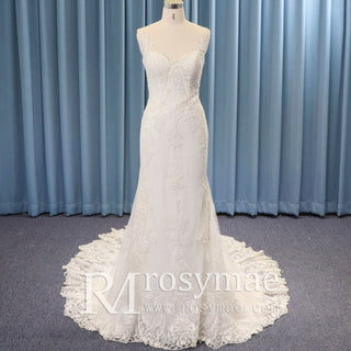 V-neck Fit and Flare Floral Lace Wedding Dress Sheer Back
