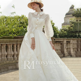High Collar Neck Illusion Floral Lace Wedding Dress with Long Sleeve