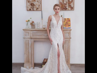 Middle Split Wedding Gown Dress with Illusion Deep V Neck
