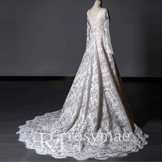 Long Sleeve Double V Lace A-line Bridal Gown Wedding Dress