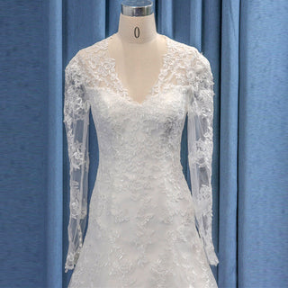 Long Sleeve V neck Lace Tulle A-line Bridal Gown Wedding Dress