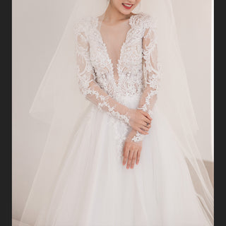 Sheer Long Sleeve A-line Wedding Dress with Deep V Neckline