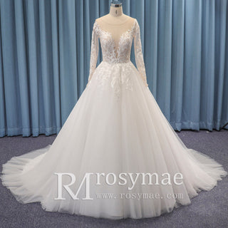 Ivory A-line Long Sleeve Tulle Wedding Dress Sexy Sheer Bodice