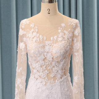 Sheer Bodice Long Sleeve Fit and Flare Lace Wedding Dresses