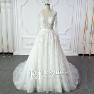 Sheer Bodice Floral Lace Tulle A-line Wedding Dress Long Sleeve