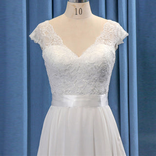 Capped Sleeve Double V A-line Lace Chiffon Bridal Gown Wedding Dress