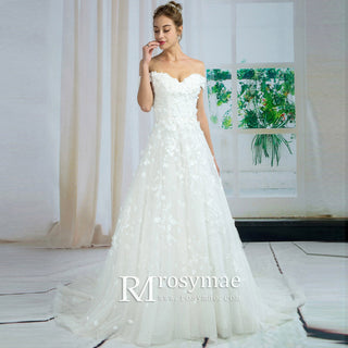Off Shoulder Floral Lace A-line Sparkly Tulle Bridal Wedding Dress