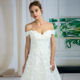 Off Shoulder Floral Lace A-line Sparkly Tulle Bridal Wedding Dress