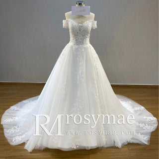 Off Shoulder Lace Tulle A-line Bridal Gown Wedding Dress Long Train
