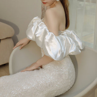 Puff Off Shoulder Sequin Sparkly Mermaid Bridal Wedding Dress