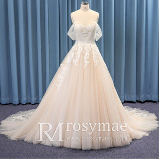 Off Shoulder Floral Lace Ball Gown Bridal Wedding Dress Cathedral Train