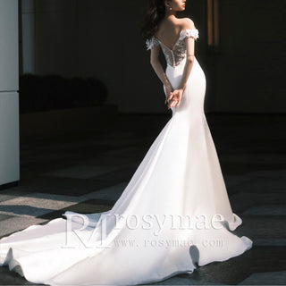 Off-Shoulder Satin Mermaid Wedding Dress Bridal Gown for Bride