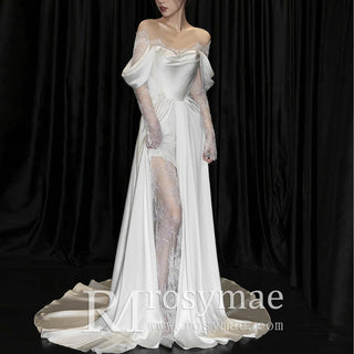 Hobo Off Shoulder Long Sleeve Satin Sheer Bridal Wedding Dress