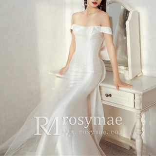 Simple Satin Mermaid Beach Wedding Dress with Off the Shoulder