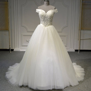 Off Shoulder Sheer Bodice Puffy Tulle Ballgown Wedding Dresses