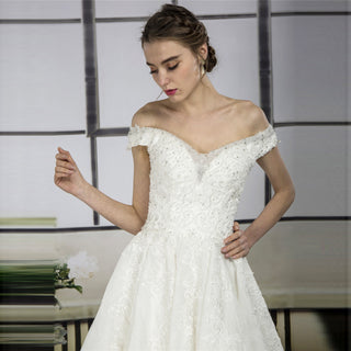 Off Shoulder V-neck A-line Lace Bridal Wedding Dress Cathedral Train