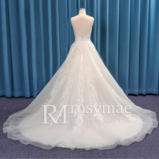 V-neck Open Back Bridal Gown Wedding Dress A-line Lace Tulle