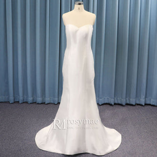 Strapless Simple Fit and Flare Satin Plain Wedding Dress