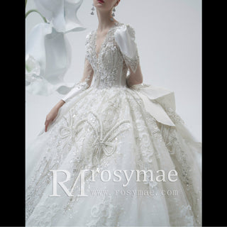 Puffy Sheer Long Sleeve Ball Gown Wedding Dress with Sparkly Crystals