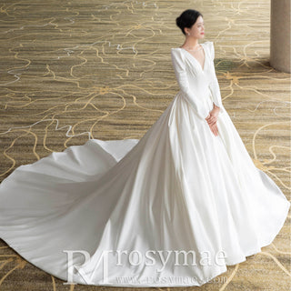 Puffy Long Sleeve A-line Bridal Wedding Dress with Deep V-neck