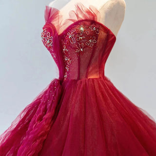 Strapless A-line Red Tulle Evening Dresses Party Gowns