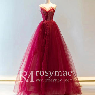 Strapless A-line Red Tulle Evening Dresses Party Gowns