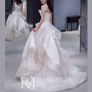 A-line Ruffle Organza Wedding Dress Strapless Court Train Gown