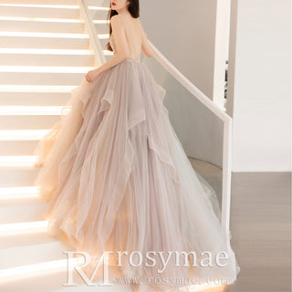 High Illusion Neckline Formal Dress Evening Gown with Ruffle Skirt