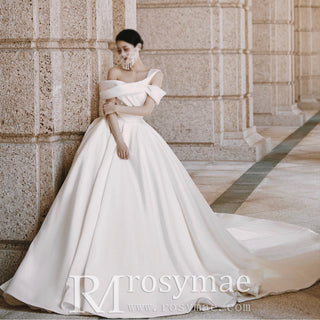 Off the Shoulder Satin Wedding Dress With Ruching Ball Gown Skirt