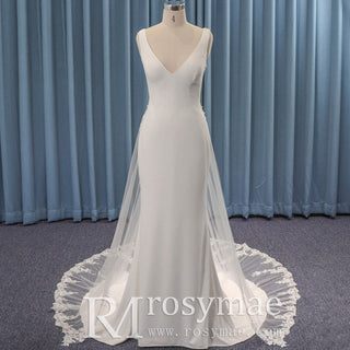 Simple V-neck Satin Mermaid Wedding Dress with Detachable Train
