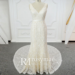 Charming Double V Sheath Lace Bridal Gowns Wedding Dresses