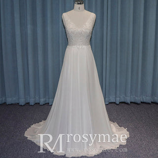 Sexy V-neck Tulle and Lace A-line Wedding Dress with Sheer Bodice