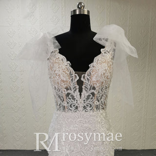 Lace Fit Flare Sheer Bodice Low Back Wedding Dress with Puffy Sleeve