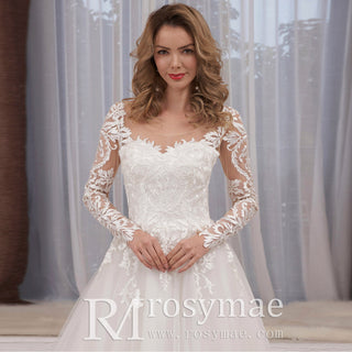 Elegant Long Sleeve Lace and Tulle A-line Wedding Dress