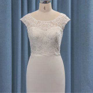 Sheer Neck Cap Sleeve Fit and Flare Satin Lace Wedding Dress