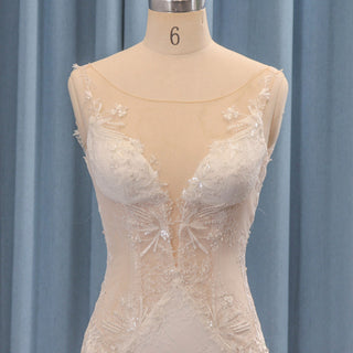 Sexy Sheer Neckline and Bodice Mermaid Lace Wedding Dress