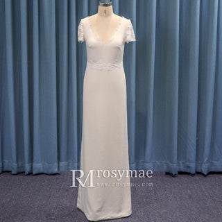 Short Sleeve Satin Lace Floor Length Wedding Dress V-neck Low Back
