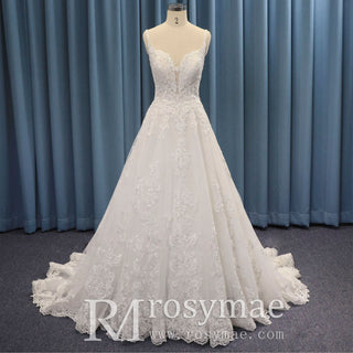 Trendy Plunging Spaghetti Straps A-line Lace Tulle Wedding Dress