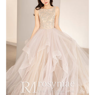 High Illusion Neckline Formal Dress Evening Gown with Ruffle Skirt