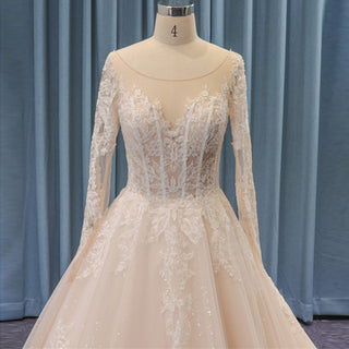 Princess Sheer Bodice & Long Sleeve Ball Gown Wedding Dress