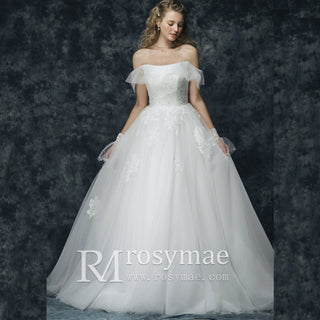 Off the Shoulder Tulle Wedding Dress with Straight Neckline