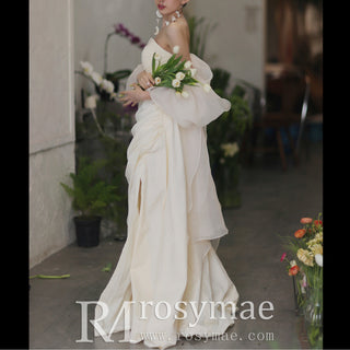 Asymmetrical Ruched Simple Boho Wedding Dress with Slit