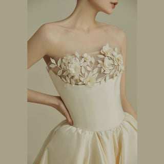 Strapless Sheer Satin A-line Wedding Dress Top with Flowers
