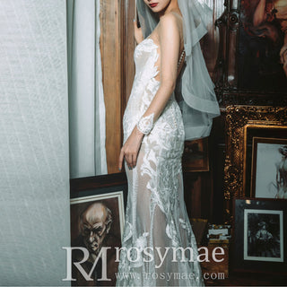 Sheer Long Sleeve Mermaid Wedding Dress Lace Tulle Gown