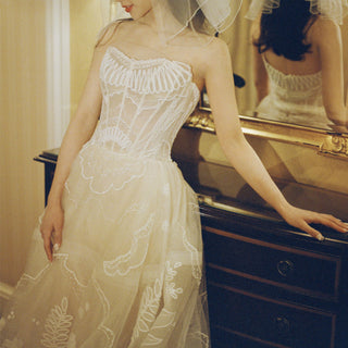 Strapless Lace A-line Wedding Dress with Beautiful Train