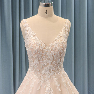 Modest Double V Tank Sleeve Tulle Lace Ballgown Wedding Dress