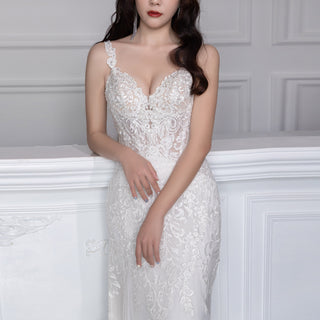 Tank Top V-Neck Lace Mermaid Wedding Dress with Sheer Bodice