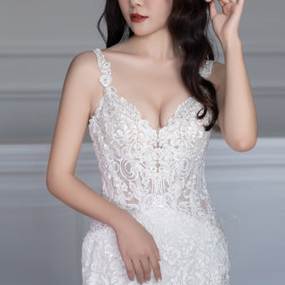 Tank Top V-Neck Lace Mermaid Wedding Dress with Sheer Bodice