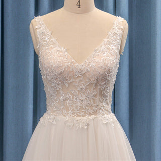 Tank Top Lace Tulle A-Line Wedding Dress V Neck and Back