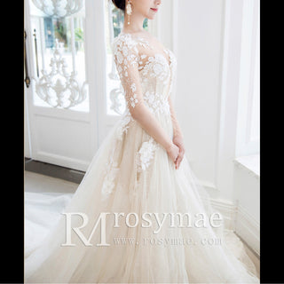 Simple A-line Sheer Long Sleeves Wedding Dress with Floral Lace